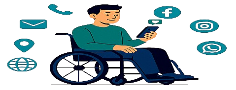 Ilustração mostrando um homem cadeirante sorridente, de pele clara e cabelo preto curto, sentado em uma cadeira de rodas azul escura. Ele segura um celular com um balão de coração na tela, cercado por ícones de redes sociais e comunicação em tom azul, como telefone, email, Facebook, WhatsApp, Instagram, internet e localização.